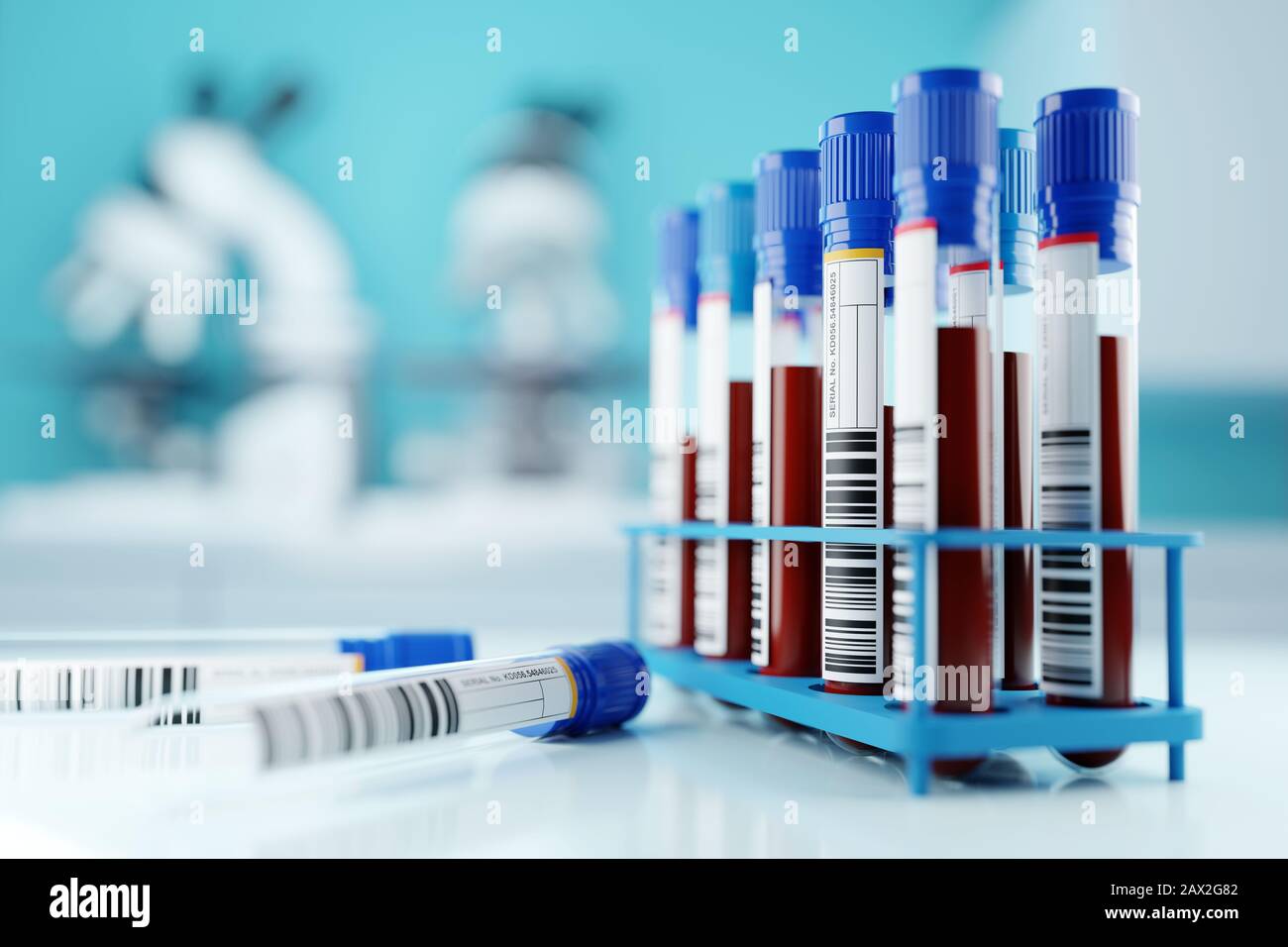 Eine Reihe von menschlichen Blutproben in einem medizinischen Labor, die getestet werden können. 3D-Hintergrunddarstellung im Gesundheitswesen. Stockfoto