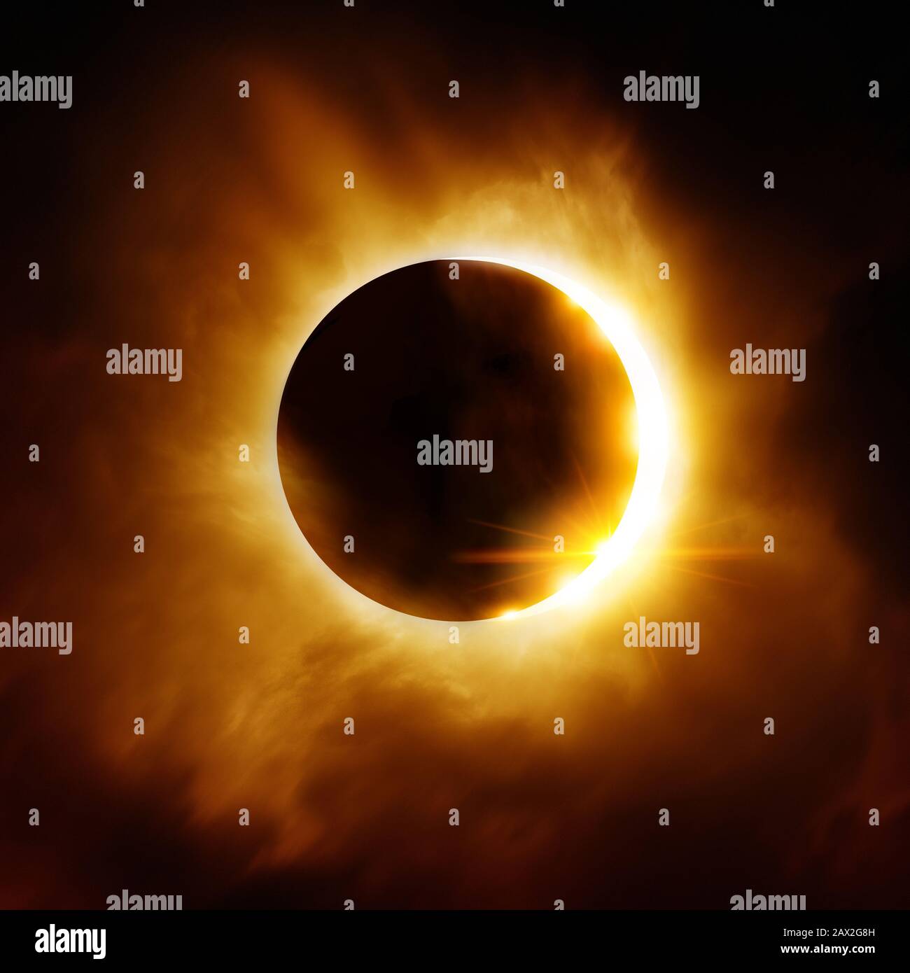 Der Mond, der sich vor der Sonne bewegt, erzeugt eine totale Sonnenfinsternis. Ilustration. Stockfoto