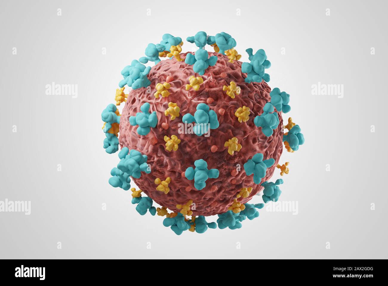 Ein einziger Nahschuss von Coronavirus 2019-nCoV an einem infektiösen Grippevirus, das Atemwegserkrankungen verursacht. Impression - 3D-Illustrationskonzept. Stockfoto