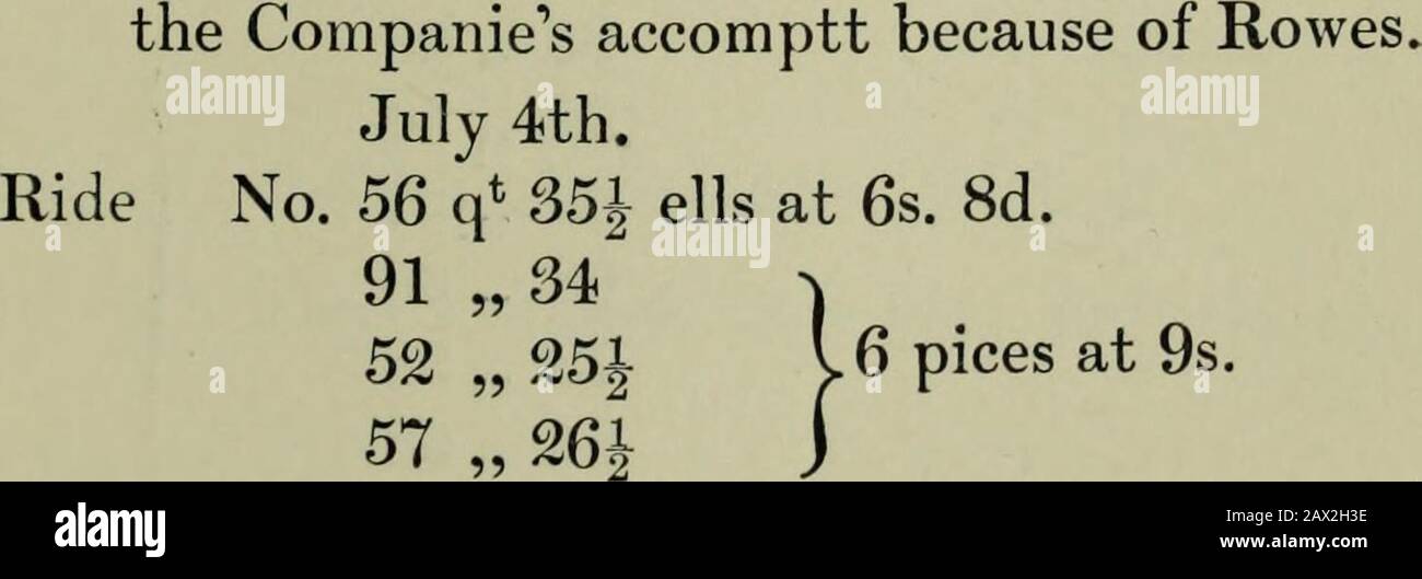 Die Aufzeichnungen einer schottischen Tuchmanufaktur in New Mills, Haddingtonshire, 1681-1703; . " 15 s. 6d. 46 " 30J " 10 s.. Wird am 29. Juni geroutet. MINUTENBUCH DER MANAGER OFJuli 6. ) 101 q * 26}54 " 36}26 " 24}73 " 34. Juli 22. Nr. 87 q* 26}74 " 26}24 " 27 dito 24. 74 " 34 ells 80 " 3676 " 2686 " 3466 " 36 6 pices at 9s. at 6s. 8d. 3 Pices bei 9s.5 Pices bei 6s. 8d. Agust 5. Scarlet Nr. 83 q* 26 ells at 15s. " 16s. 8d." 30s. 26 " 27}21 " 11} Agust 7. Ride Nr. 98 q* 28 ells94 " 2685 " 34 3 pice at 9s. 102 " 26J dito 13. 78 " 36i90 " 2695 " 2692 " 3469 " 2768 " 3673 " 2664 " 36 Stockfoto