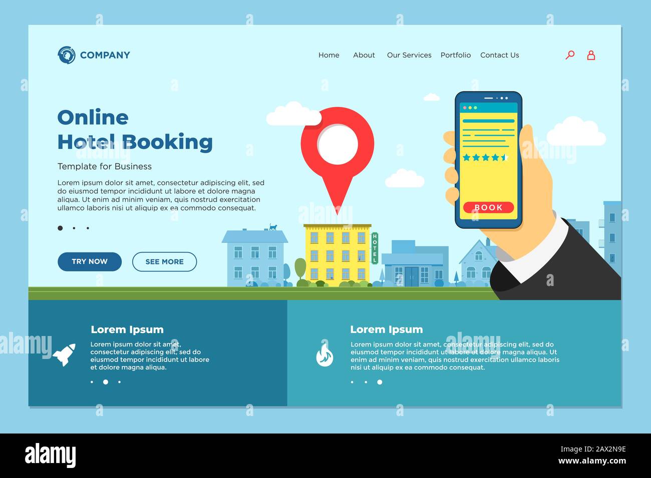 Smartphone mit Handgriff und Bewertung auf der Landing Page für Hotelsuche und Buchung. Mobile App Hostel Suche detaillierte und Reservierung Anwendung Schnittstelle. Vektor-Webdesign-Vorlage eps Stock Vektor