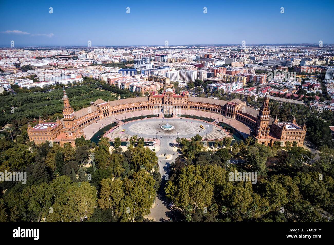 Luftbild Plaza de Espana in Sevilla, Andalusien, Spanien. Stockfoto