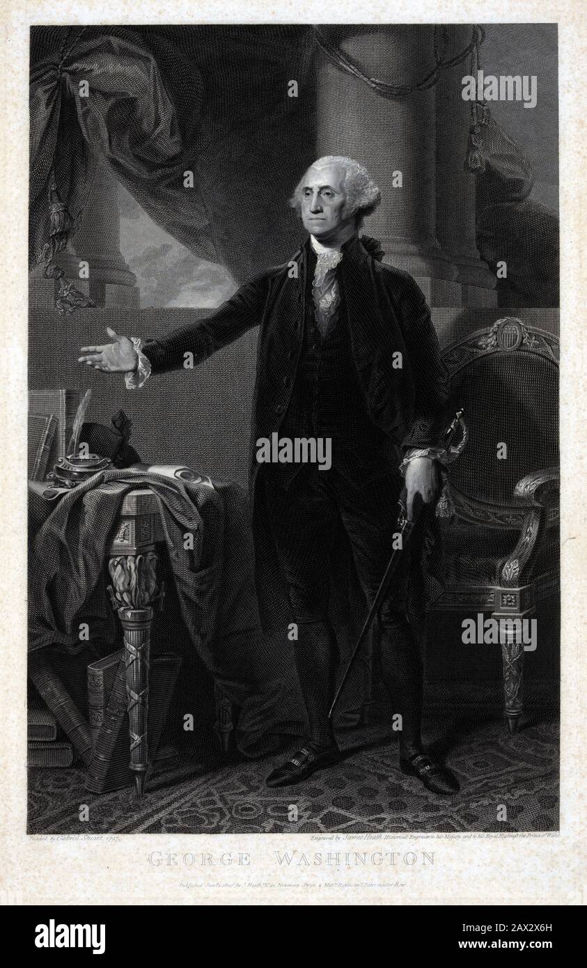 George WASHINGTON (* 1732 in Washington, London, USA; † nach 1732 in Washington), ein von Gabriel Stuart gemaltes Porträt (* um das Jahr 1796 in London ), das von James Heath eingraviert wurde. Washington führte Amerikas kontinentale Armee zum Sieg über Großbritannien im amerikanischen Unabhängigkeitskrieg (* 1775; † 1783) und wurde 1789 zum ersten Präsidenten der Vereinigten Staaten von Amerika gewählt. Er bekleidete zwei vierjährige Amtszeiten von 1789 bis 1797 und gewann die Wiederwahl im Jahr 173. Porträt des Malers GILBERT STUART (* um 1795 in Washington, National Gallery of Art - POLITICO - POLITICA - POLITICA - POLITIC - STATISTA - foto storiche - Foto storica - Portrait - ritratto - USA - WIG - parrucc Stockfoto