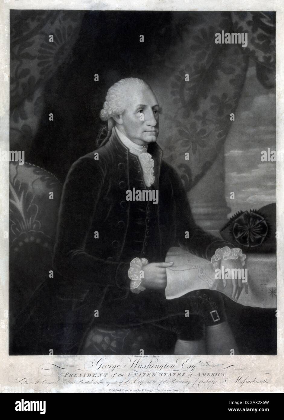 George WASHINGTON (* 1732 in Washington; † nach 1799 in Washington; † 1761 in) ist ein von Edward Savage eingraviertes Porträt. Der Druck, der George Washington auf dem Sitz zeigt, schlug einen Plan für die neue Hauptstadt Washington vor. Washington führte Amerikas kontinentale Armee zum Sieg über Großbritannien im amerikanischen Unabhängigkeitskrieg (* 1775; † 1783) und wurde 1789 zum ersten Präsidenten der Vereinigten Staaten von Amerika gewählt. Er bekleidete zwei vierjährige Amtszeiten von 1789 bis 1797 und gewann die Wiederwahl im Jahr 173. Portrait des Malers GILBERT STUART (* um 1795 in Washington, National Gallery of Art - POLITICO - POLITICA - POLITIC - ST Stockfoto