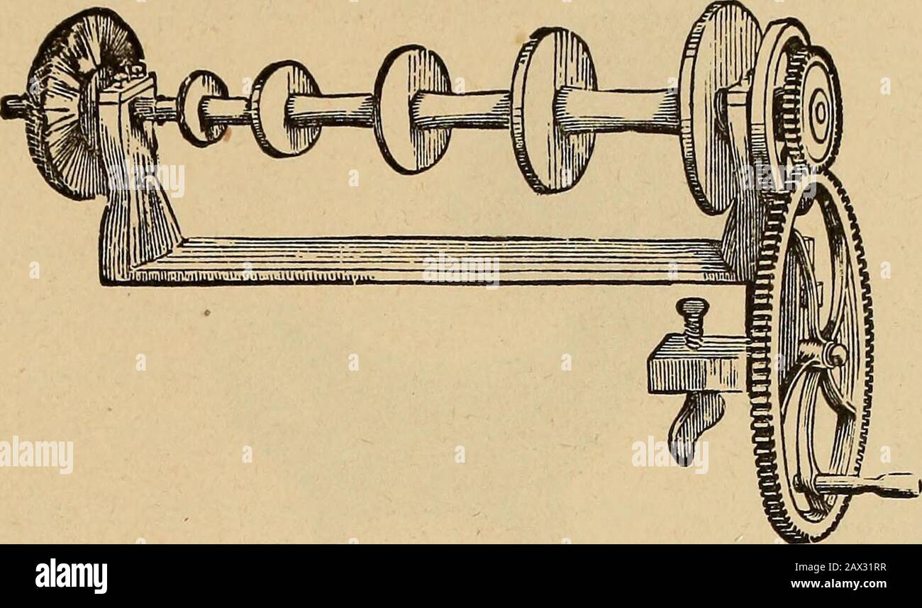 Katalog von zahnmedizinischen Materialien, Möbeln, Instrumenten usw., zum Verkauf . E Kleinrad oder Riemenscheibe. In Material und Verarbeitung ist es jedem kleinen Lathe-Heretofore überlegen und wurde entwickelt, um alle Anforderungen des Büros und des Reisenden Zahnarztes zu erfüllen. Antriebsrad, 6 Zoll Durchmesser; kleines Rad, 2 Zoll Durchmesser; Gewicht, 2 f Pfund. Der Dorn und die Achsschraube des Extra sind aus Stahl und sind mit koniertem und geschliffenem Boden verbunden. Die Felge des Antriebsrads dreht sich um. Tischfläche der Klemme ausgehöhlt und gefotet, und das Ende der Klemmschraube Senkkopf, wodurch es sehr fest auf dem Tisch ist Stockfoto