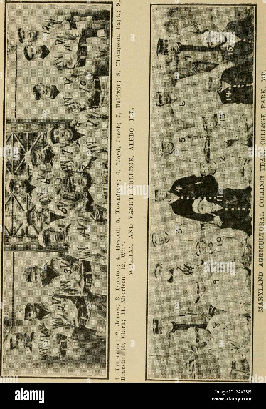 Spaldings offizieller College-Base-Ball jährlich, 19-. rston, Catcher; Histed. Pitcher; Tommy Thompson, Second Baseman undcapter; James, Center Fielder und Tondrow spielten alle hochklassig Ball.Jedes Mitglied der Mannschaft wird bereits 1913 sein. Und die Vorhersagen werden eine beeindruckende Aggregation sein. University of Iowa - Zlmmer und Von Lackum - waren 1912 die Hauptbatteryfor Iowas Team. Die Durchschnittswerte für die Saison folgen: Batting.ab. H. PC. AB. H. PC. Baird 14 5 .358 Zimmer 25 4 .100 Loudin .33 11 .333 Curry 36 5 .138 Von Lackum 35 11 .314 Berry 40 5 .125 Han Stockfoto