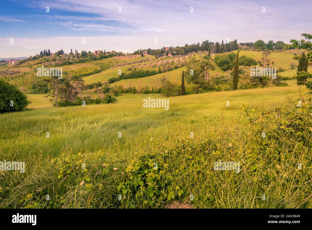 Szene der hügeligen Landschaft und Gebäude auf dem Hügel außerhalb Seinna Italien Stockfoto
