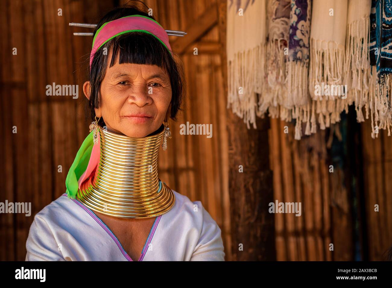 Provinz Chiang Rai, Thailand, Porträt der Frau von Karen Long Neck in einem Dorf am Stamm der Hügel in der Nähe von Chiang Rai. Stockfoto