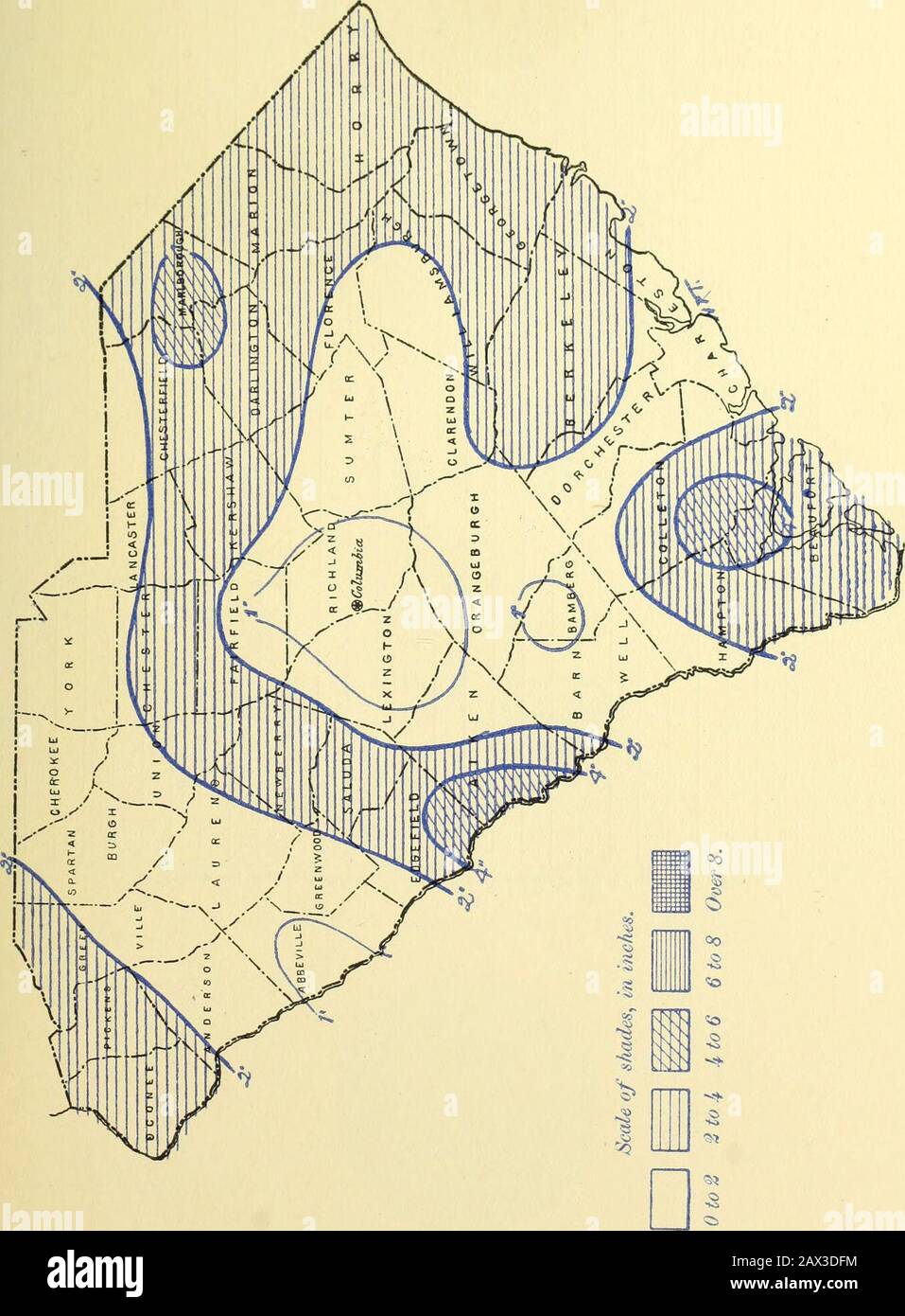 Klimatologische Daten, South Carolina. F o o 05 &lt;1 O O•-IH&lt;1H O Oh HOH. .:C;:.- R-; CLIIMATE UND ERNTEN: ABSCHNITT VON SOUTH CAROLINA. August 1900 .^ ???! = ~ DAXLY PBECIPITATION FOB SOUTH CABOLINA, AUGUST 1900. Tag des Monats. ^ ? ^-Stationen. 2 3 4 5 6 7 8 9 10 II 12 13 14 15 16 17 18 19 20 21 22 23 24 25 26 27 28 29 30 31 H Allendale ... .02 t 28 ... 0.! .:;;;?.;: V. .i73-o5 -os .54 50.02 ?., Augusta, Ga j • t + 41 -33 05 T ... ".• Batesburg 5 • I .07. T ....:;?.;:;:; ?.; .23 07 .57 -eo ".• Beaufort:: 401...1...1. ... t. Blackville 34 Calhoun Falls 35 Camden Charle Stockfoto