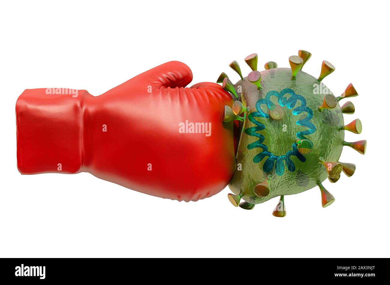 Boxhandschuh mit und Coronavirus, 3D-Rendering isoliert auf weißem Hintergrund Stockfoto