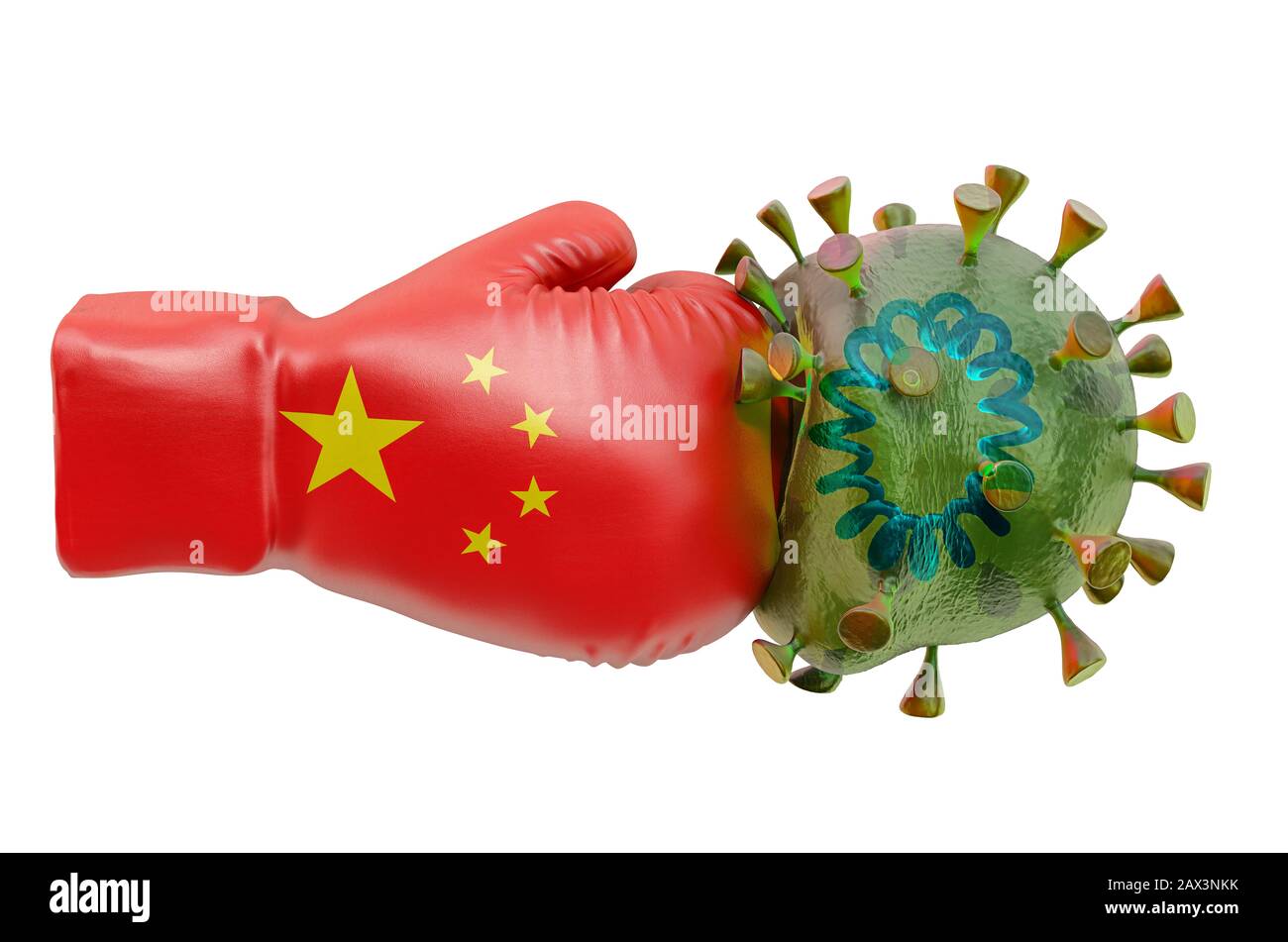Boxhandschuh mit chinesischer Flagge und Coronavirus, 3D-Rendering isoliert auf weißem Hintergrund Stockfoto
