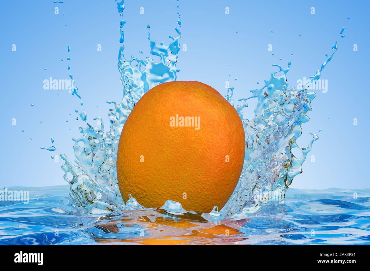 Orange mit Wasserspritzern, 3D-Rendering auf blauem Hintergrund Stockfoto