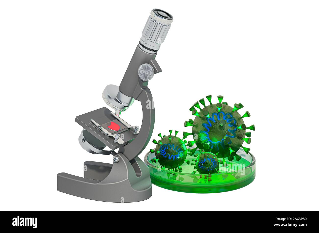 Virus-Research-Konzept, Mikroskop mit Virus. 3D-Rendering isoliert auf weißem Hintergrund Stockfoto