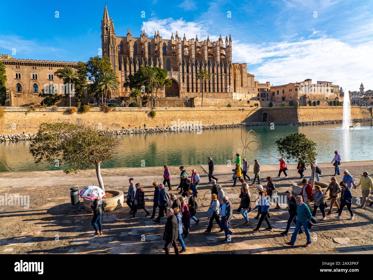 Palma de Mallorca, Bucht von Palma, Kathedrale von Saint Mary, Touristengruppe, von einem Kreuzfahrtschiff, Balearen, Spanien Stockfoto