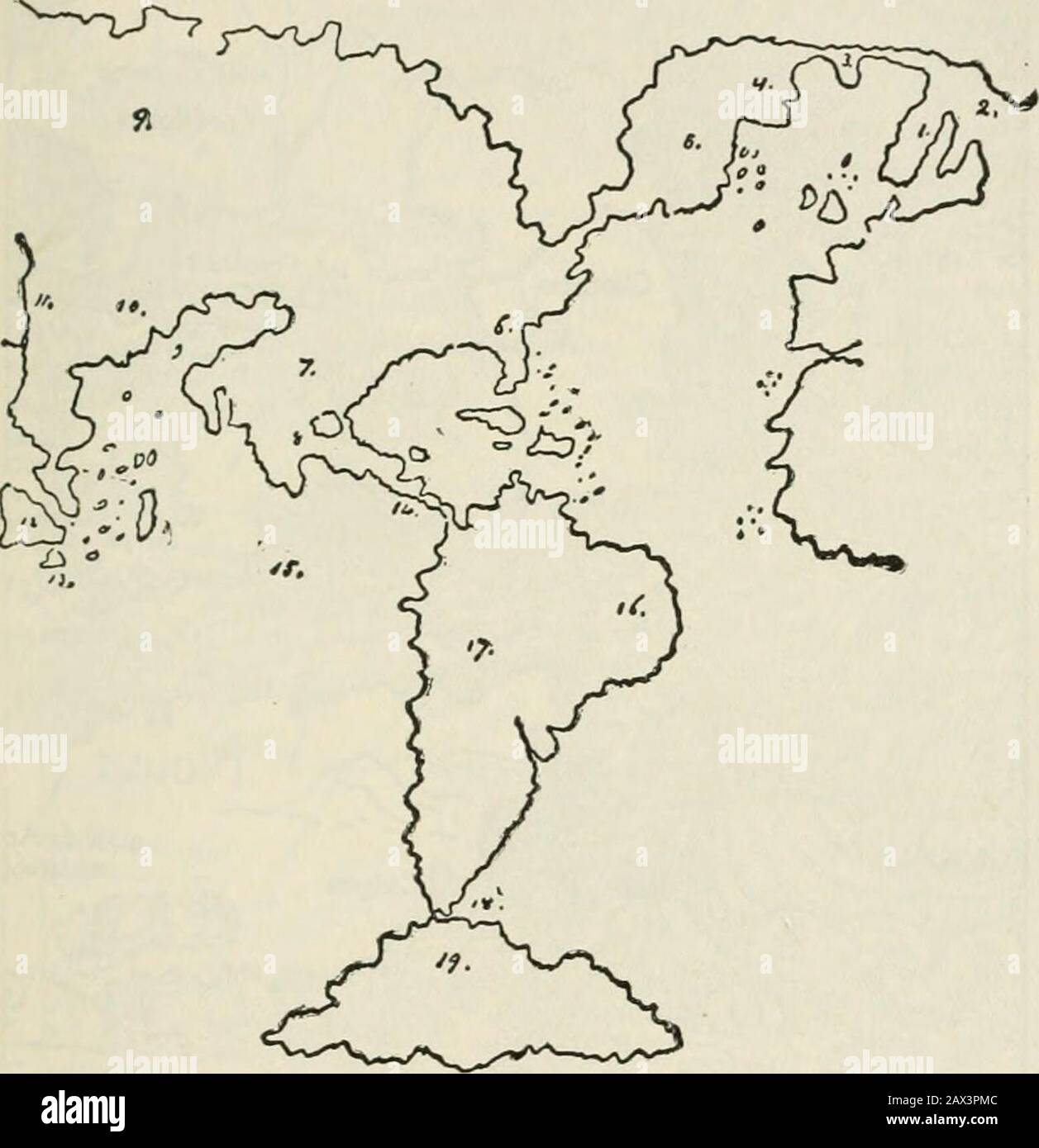 Die Entdeckung Amerikas. V". Skizze von Agneses Karte, Venedig, 1536.* Aus dieser Karte von Gastaldis führt uns die Lage des Meers Verrazano natürlich mit 1 Schlüssel zur Karte: - 1. Terra de bacalaos. 2. (Gestrichelte Linie) El viage daFrance. 3. [Gestrichelte Linie) El Viage de Peru. 4. {gepunktete Linie) Elviago eine Maluche. 5. Temistetaii. 6. Lueatan. 7. Nombre dedios. 8. Panama. 9. La provintia del peru. 10. La provintiade chinagua. 11. S. paulo. 12. Mundus novus. 13. Brasilien. 14, Rio de la plata. 15. El Streto de ferdinando de Magallanas.VVinsor, Narr. Und Crit. Hist., iv. 40. DAS WERK VON ZWEI JAHRHUNDERTEN. 497 Sebastian Stockfoto