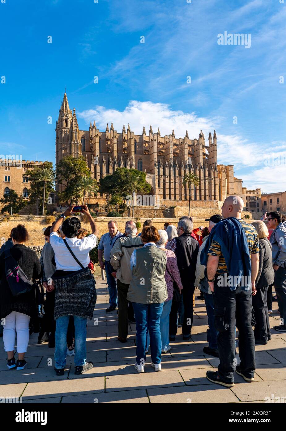 Palma de Mallorca, Bucht von Palma, Kathedrale von Saint Mary, Touristengruppe, von einem Kreuzfahrtschiff, Balearen, Spanien Stockfoto