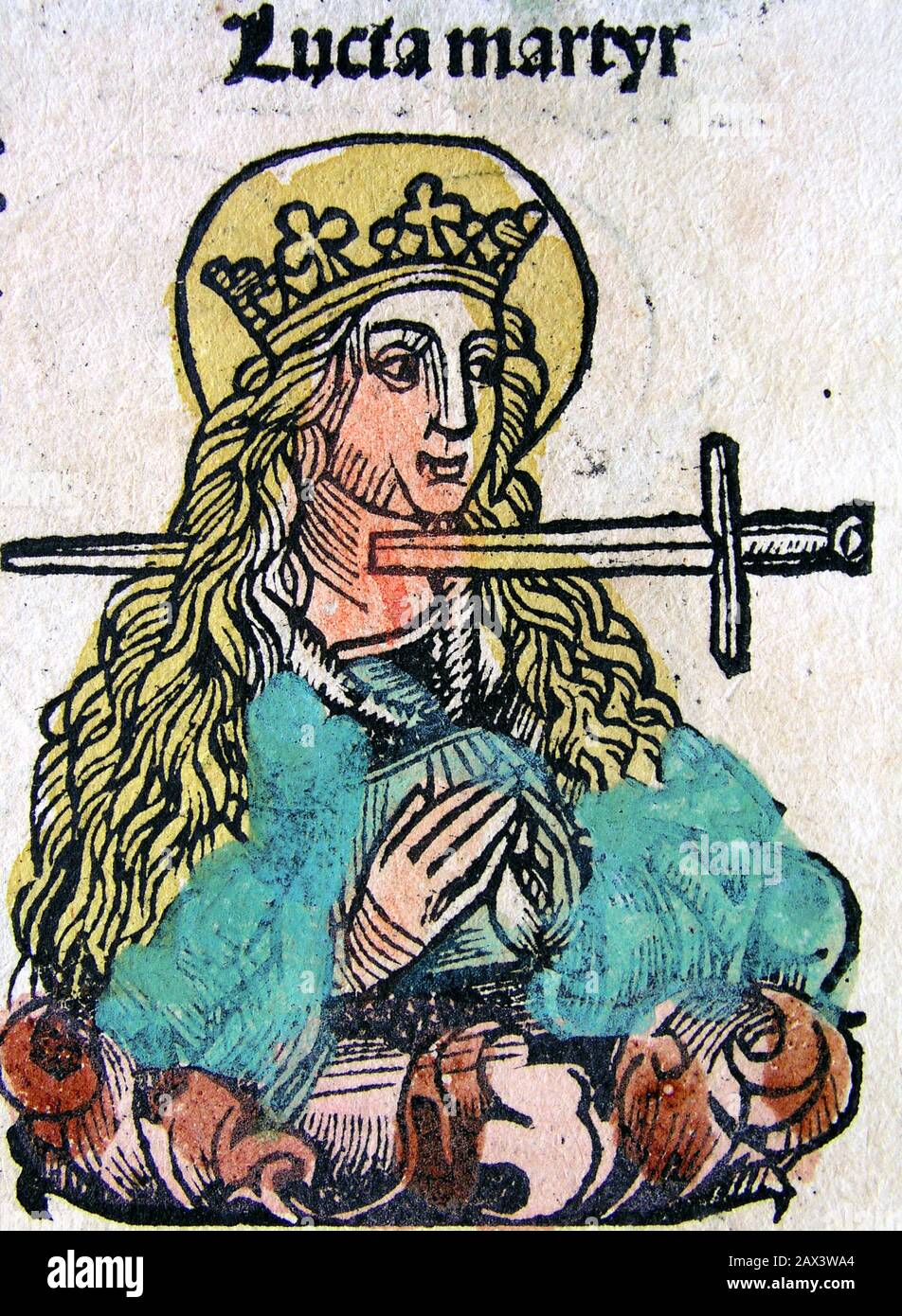 1493, DEUTSCHLAND : Die alte römerin SAINT LUCY ( SANTA LUCIA Martyre ) ( 283 - 304 A.C.) . Fantasy-Porträt-Illustration von The Cap. CXXV des Buches "Nürnberg Chronik", eine illustrierte Weltgeschichte, die auf die Geschichte der menschlichen Geschichte in der Bibel folgt; sie umfasst die Geschichte einer Reihe wichtiger westlicher Städte. In lateinischer Sprache verfasst von Hartmann Schedel, mit einer Fassung in deutscher Übersetzung von Georg Alt, erschien sie 1493. Es ist eines der am besten dokumentierten frühen gedruckten Bücher - ein Inkunabulum (gedruckt, nicht handschriftlich) - und eines der ersten, das den Illus erfolgreich integrierte Stockfoto