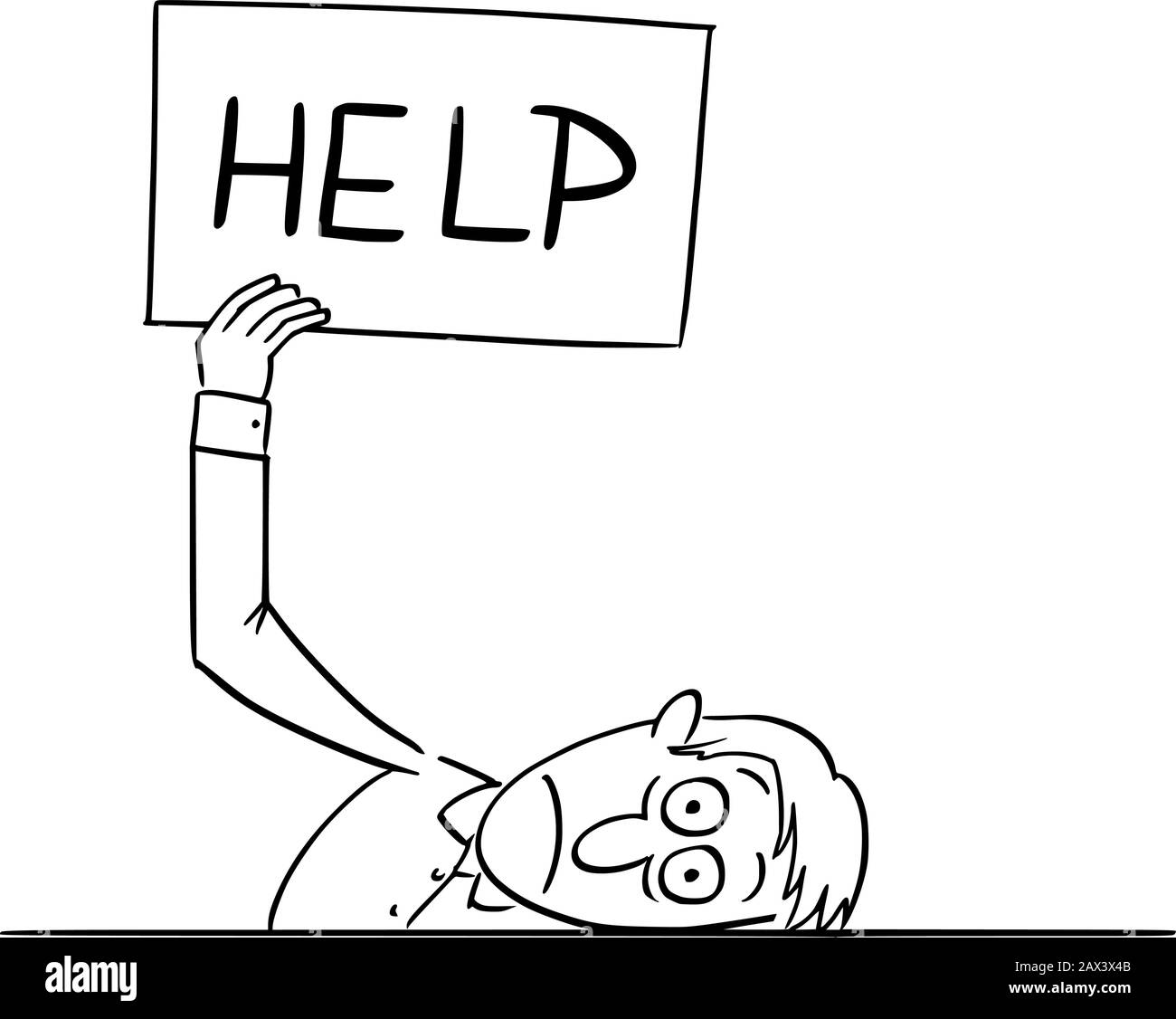 Vector lustige Comic-Cartoon-Zeichnung von kranken, depressiven oder frustrierten oder gestressten Menschen oder Geschäftsleuten, die auf dem Tisch liegen und Hilfezeichen halten. Konzept von Stress und Burnout. Stock Vektor