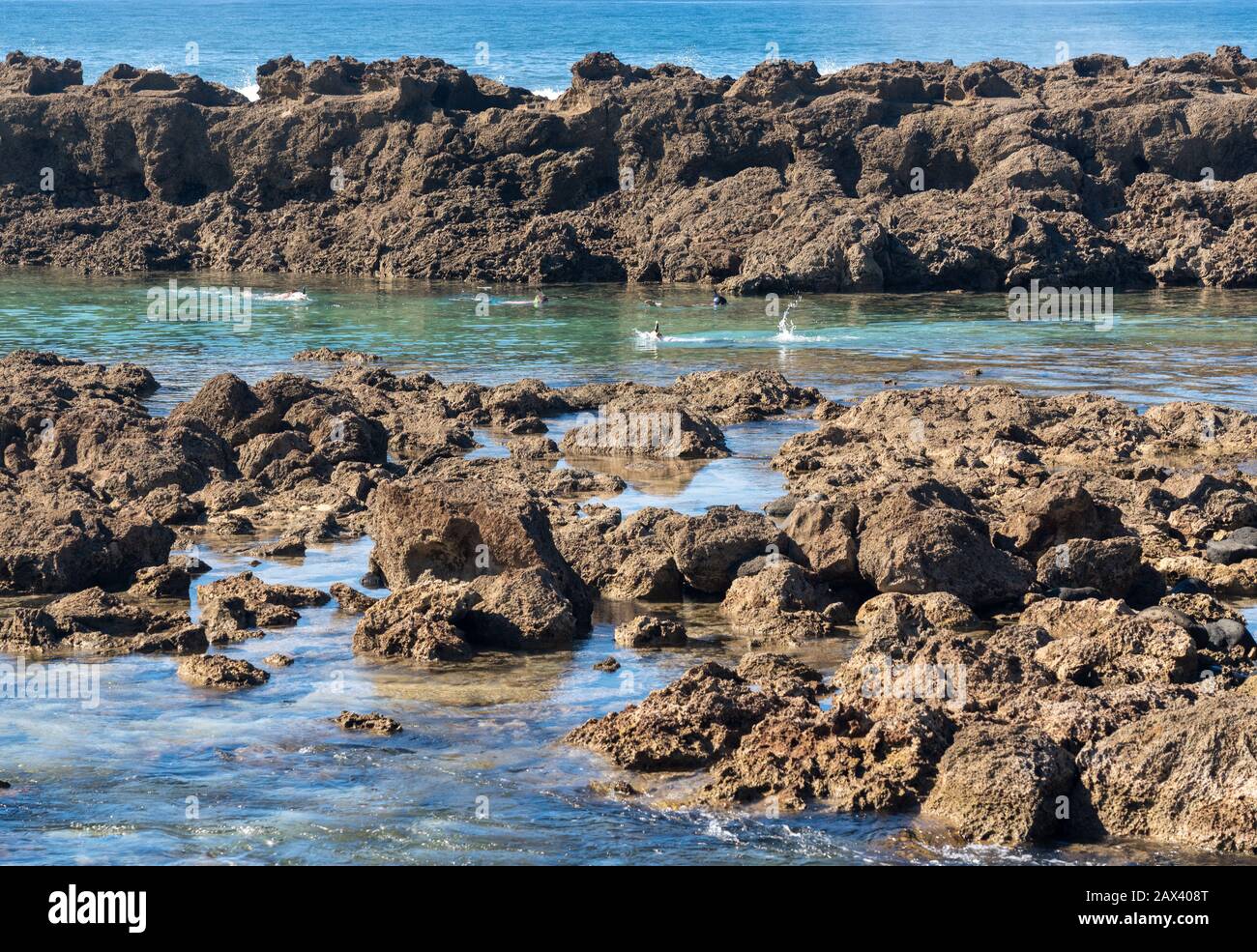 Menschen mit Schnorcheln im klaren Wasser der Sharks Cove an der Nordküste von Oahu auf Hawaii Stockfoto