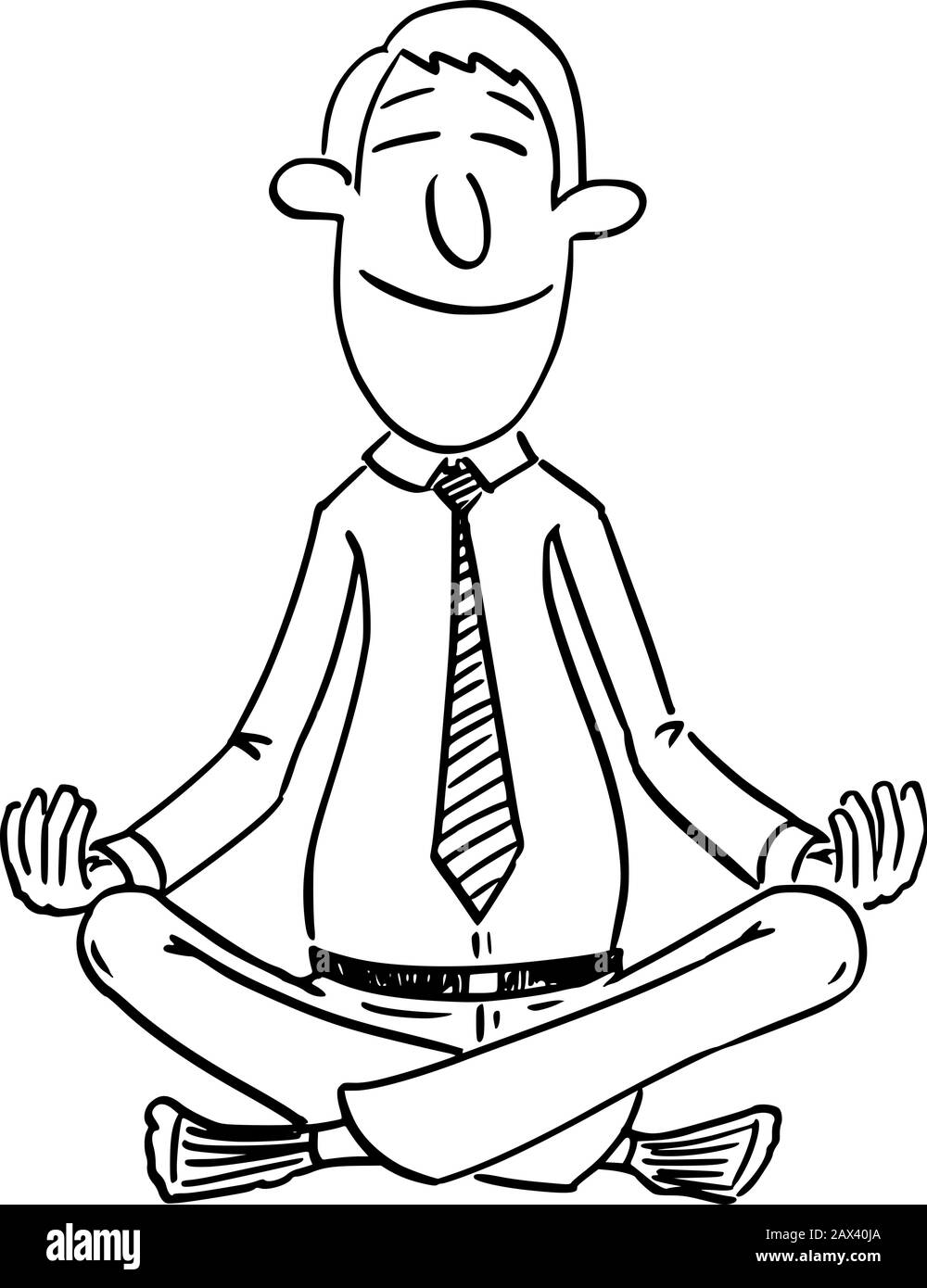 Vector lustige Comic-Cartoon-Zeichnung von Geschäftsmann oder Mann in yoga-lotus-Position für Vermittlung und Entspannung und Ruhe im Kopf. Stock Vektor