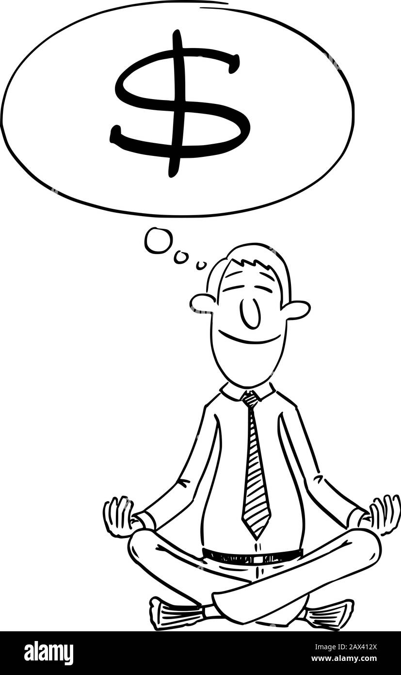 Vector lustige Comic-Cartoon-Zeichnung von Geschäftsmann oder Investor in yoga-lotus-Position für die Vermittlung.Denken Sie An Geld oder Dollar. Stock Vektor