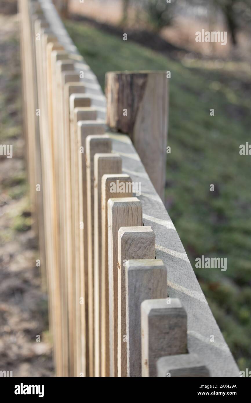 Hoch Winkel Nahaufnahme der Spitze eines Balks Holzzaun in einem Bauernhof Stockfoto