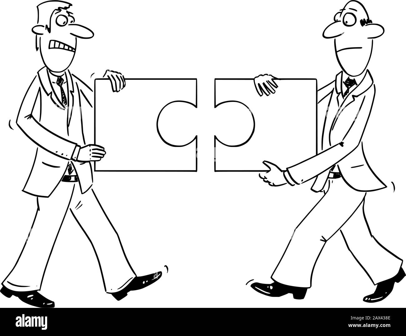 Vector lustige Comic-Cartoon-Zeichnung von zwei Geschäftsleuten, die unanrüchige Puzzleteile, die nicht zusammenpassen, enthalten.Konzept des Problems in der Zusammenarbeit. Stock Vektor