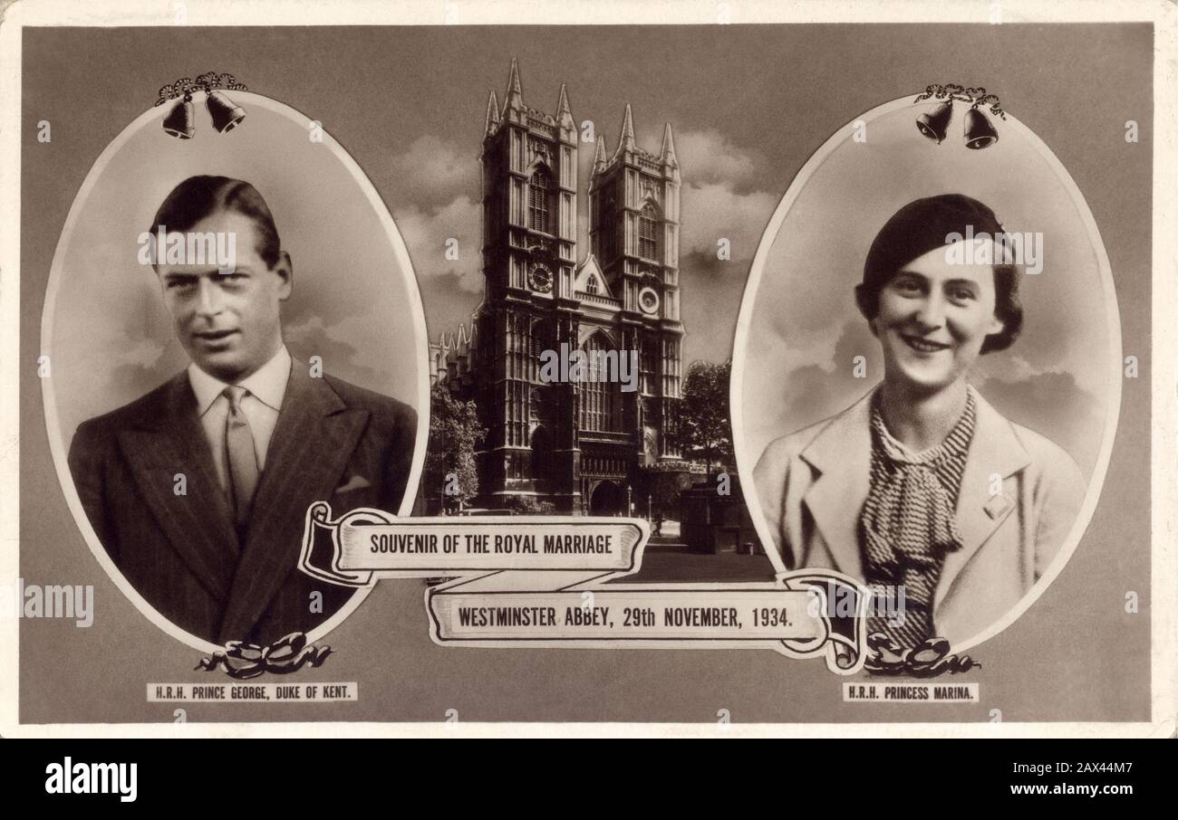 1934 , 29. november , LONDON , GROSSBRITANNIEN : Der königliche Fürst GEORG von Wales ( nach dem Herzog von KENT (* 1902; † 1942) mit der Ehefrau Prinzessin MARINA von Griechenland und Dänemark (* 1906; † 1968). Sohn von König Georg V. von England (* 1865 in England; † 1936) - REALI - KÖNIGTUM - nobili - Nobiltà - Adel - GROSSBRETAGNA - GROSSBRITANNIEN - INGHILTERRA - Giorgio Duca - Grecia - WINDSOR - Haus von Sachsen-Coburg-Gotha - KÖNIGSFAMILIE - FAMIGLIA REALE - Krawatte - Krawatte - Kragen - Colletto - Westminster Abbey - Matrimonio - Hochzeit - Heirat -- ARCHIVIO GBB Stockfoto