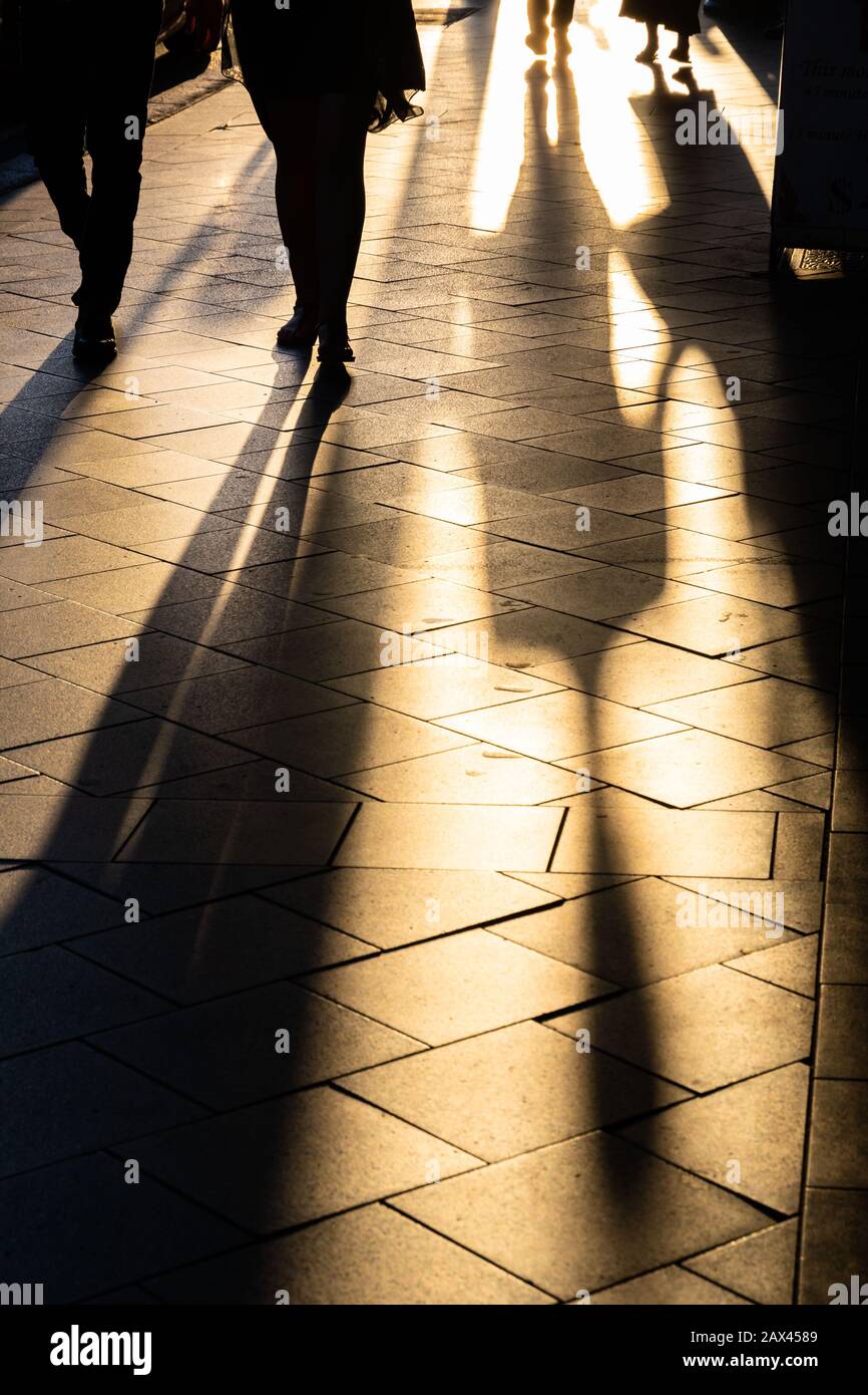 Lange menschliche Schatten, die bei Sonnenuntergang auf dem Straßenbelag projiziert werden Stockfoto