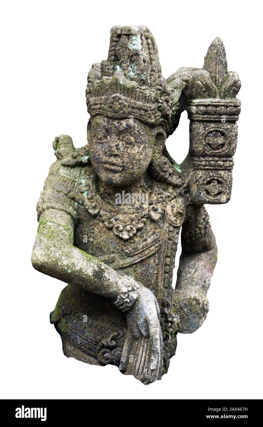 Eine Steinstatue eines Hindu-Gottes oder einer Frömmigkeit. Bali, Indonesien. Nahaufnahme. Weißer Hintergrund. Stockfoto Eine Steinstatue eines Hindu-Gottes oder einer Frömmigkeit. Bali, Indonesien. Nahaufnahme. Weißer Hintergrund. Stockfoto