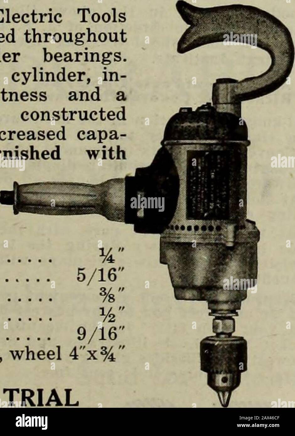 Kanadische Maschinen und Metallarbeiten (Juli-Dezember 1917) . UNIVERSALElectric Bohrer, lizenziert Unter BurkeUniversal Motor Patent, Die einzige tragbare elektrische Werkzeugbestückung, die mit Kugel- und Rollenlagern ausgestattet ist.Hergestellt mit Aluminiumzylinder, extremer Leichtigkeit und apowerful, speziell konstruierten Motoren, die zu einer erhöhten Capa-City führen. Kann mit Universal-, Alternating- oder Directstrom-Motor mit 110 oder 220 Volt ausgestattet werden. 000 Bohrkapazität % 00 5/16 0 % OI y2 1 9/16 Nr. 6 Elektro-Grinder, Rad 4 x % IM PROBEBETRIEB Versand Unabhängige Pneumatic ToolCompany Büro: 334 St. James Stree Stockfoto