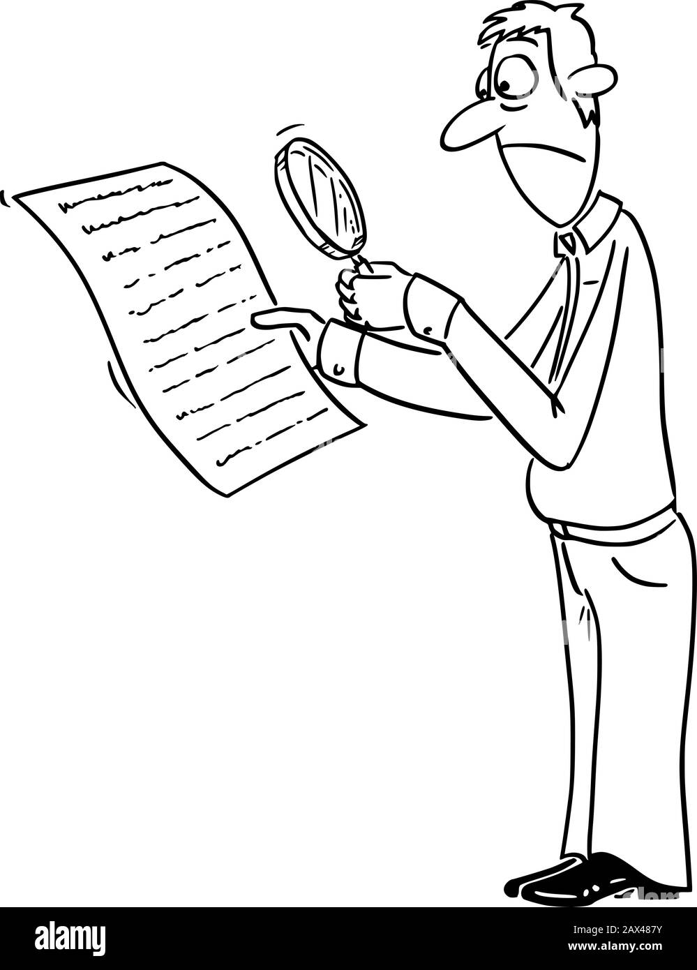 Vector lustige Comic-Cartoon-Zeichnung von umgekipptem Mann oder Geschäftsmann Lesen Vertrag oder Dokument, mit Lupe Glas, um etwas in kleinen Text oder Schrift versteckt zu finden. Stock Vektor