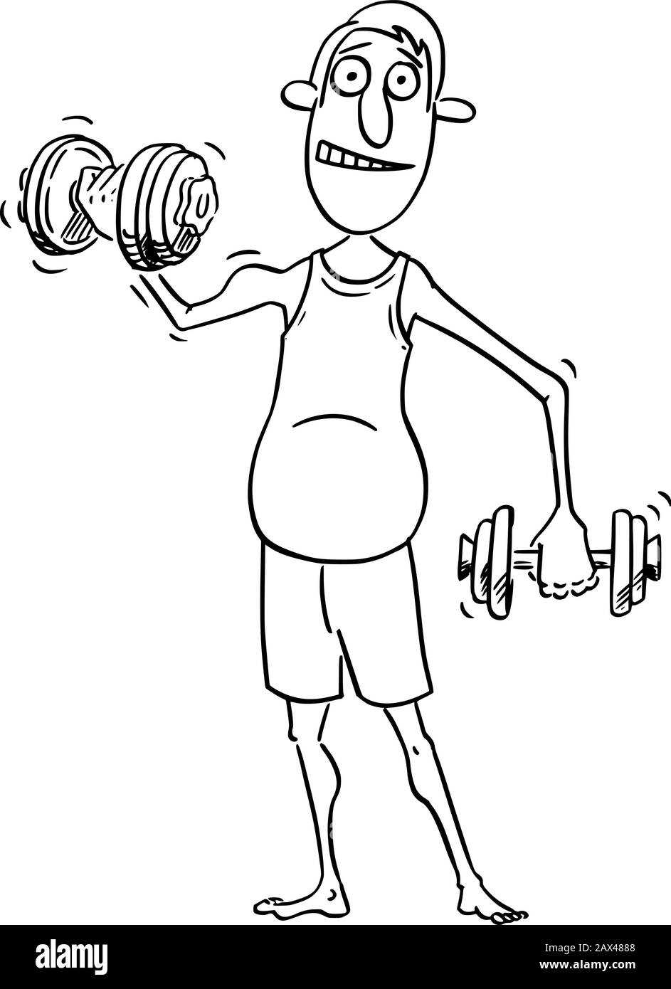 Vector lustige Comic-Cartoon-Zeichnung des mittleren Alters Mann, der zu Hause mit zwei Hanteln trainiert. Gesundes Lifestyle-Konzept. Stock Vektor