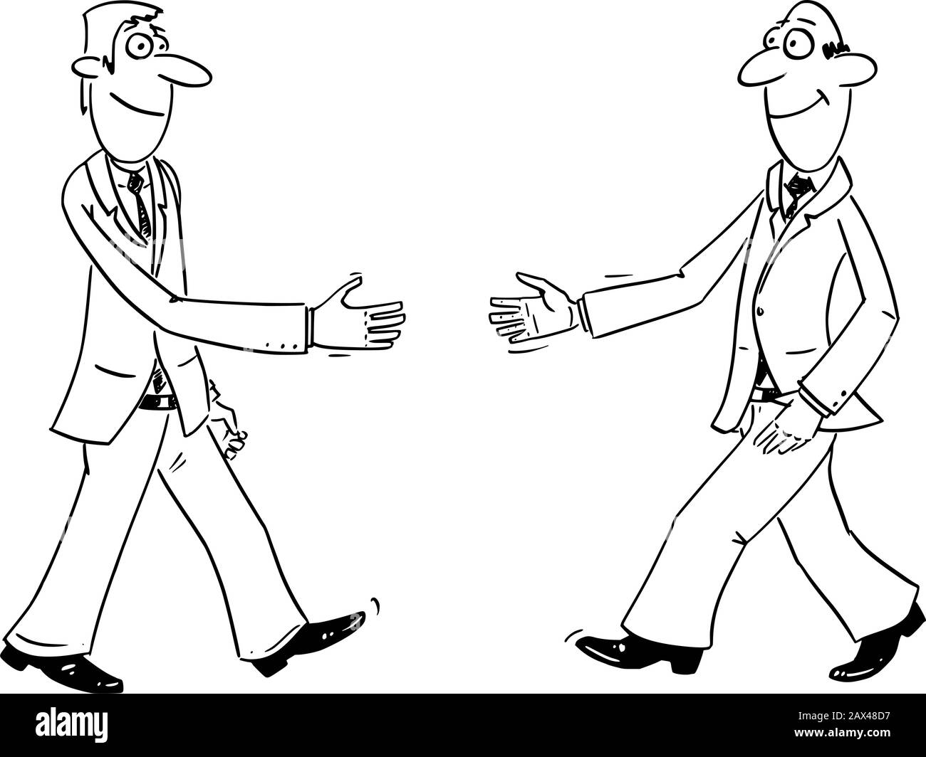 Vector lustige Comic-Cartoon-Zeichnung von zwei Geschäftsleuten, die die Hände schütteln oder Händeschütteln. Geschäftskonzept Zusammenarbeit und Freundschaft. Stock Vektor