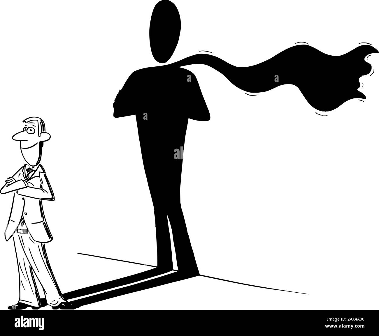 Vector lustige Comic-Cartoon-Zeichnung von Mann oder Geschäftsmann und seinem Superhelden oder heldenhaften Schatten an der Wand. Geschäftskonzept von Erfolg und Selbstvertrauen. Stock Vektor
