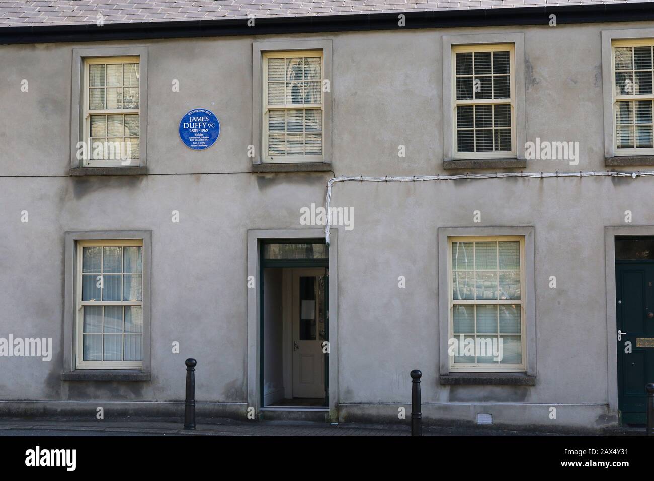 Letterkenny House lebte in von James Duffy VC blauer Geschichtsplakette an der Wand des Ulster History Circle zur Erinnerung an den Victoria-Cross-Preis an Ire. Stockfoto