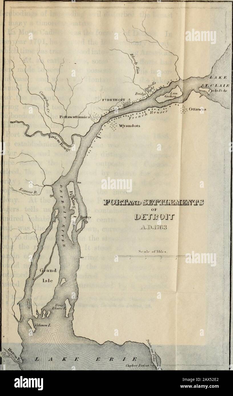 Die Verschwörung von Pontiac und der indische Krieg nach der Eroberung Kanadas. . Leichtgläubigkeit der Menschheit jede große Katastrophe hat ihre düsteren Prognosen. Schilder und Portente in den Himmeln, die Vision eines indischen Bogens und die Feigenheit einer Kopfhaut, die auf der Scheibe des Mondes aufgedruckt war, warnten die Neuengland-Puritaner vor einem undurchdringlichen Krieg. Die Erscheinungen sind vergangen, und Philip OfMount Hope platzte mit seinen Narragansett-Kriegern aus dem Wald. Im Oktober, 17 G2, versammelte sich die dicke Trübung der unhandlichen Schwärze über dem Fort und der Siedlung Detroit. Der Fluss verdunkelte die schrecklichen Schatten, und der Wald wurde indoub eingewickelt Stockfoto