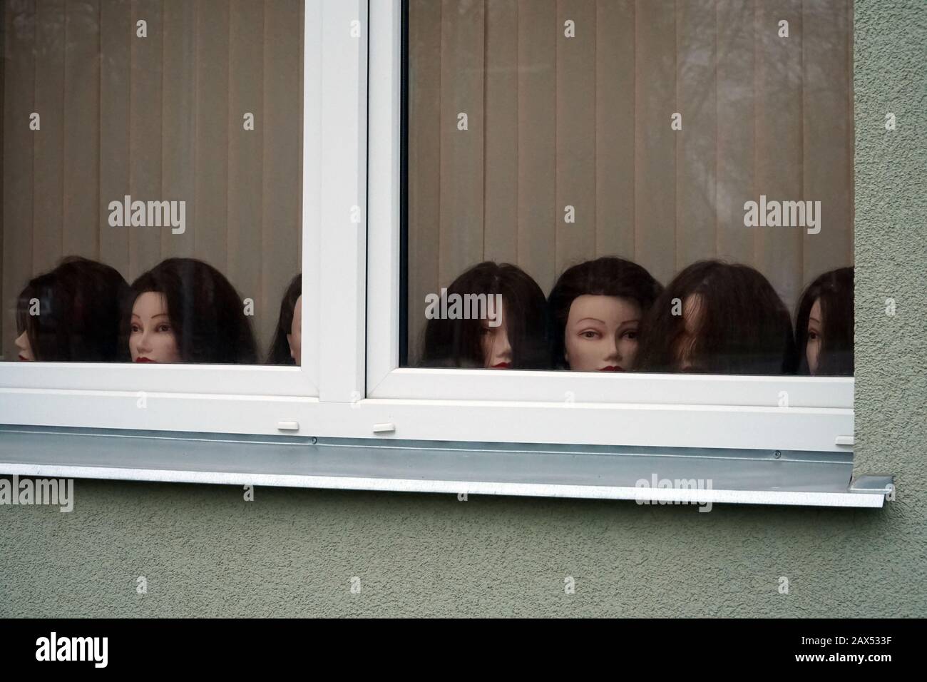 Das Schulhaus für Friseurstudenten. Ein Schaufenster mit den Köpfen der Haartequine auf der Fensterbank. Haarschnitt Meisterklasse der Damenfrisur Stockfoto