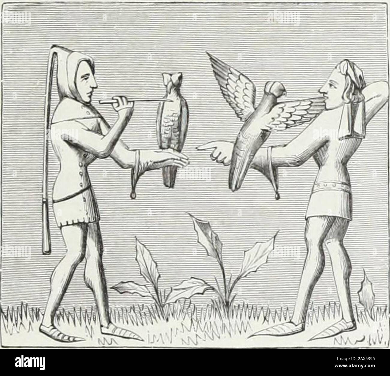 Moeure, Usides et Kostüme au moyen âge et à l'époque de la Renaissance . aient cessé de combattre. All-leurs il leur était interdit, par les lois de la chevalerie, de sen dessaisir, fût-ce même pour prix de leur rançon, sils étaient faits prisonniers: ils de-vaient, dans ce cas, mettre en liberté le noble oiseau, afin quil partageâtpas leur fessité. CHASSE. 2l3 Le faucon participait en quelque sorte à la Noblesse de son maître; il avaitmême une Noblesse propre, que les usages de la fauconnerie lui attribuaient,ainsi quà tous les oiseaux de proie qui vaient être dressés pour la chas Stockfoto
