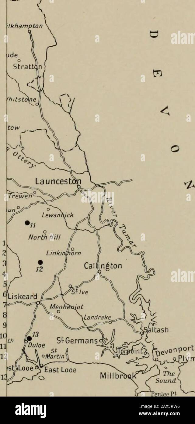 Die Geschichte Victorias der Grafschaft Cornwall . Abb. 7.-Geißel der Silberkette FromTrewhiddle. (I) Abb. 8.-Silberhalterungen mit NielloFROM Trewhiddle. (J) Zu Seite 378.. TP ^ ^ ^ &gt;^ Referenz 1 . Tregaseal (2Circles, in Si-Just Parish, Südhang des Cam Kenidjack Z Boscawen un (Burian Parish). 3 Dawns Men I Burian Parish, on S E of Road ) 4 Boskednan ( Madron Parish ) 5 Wendron ( 2 Kreise , E von und in der Nähe der Straße Prom Redruth nach Wendron 6 . Trippet Stones I Blinsel Parish , E of Road to Bradford Bridge ) 7 Stripple Stones (Blinsel Parish, S E. Slope of Hawks Tor ). 8 Leaze I. Stockfoto