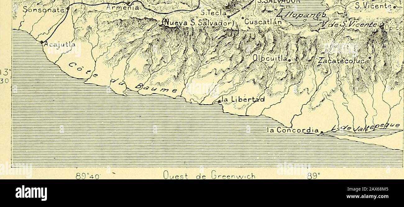 Nouvelle Géographique universelle : la terre et les hommes. ,(;;&lt;/:?-, ^•rfZaiatêcoiùl i F. 89 breenvv.ch 0 Uuest de   d apies M V Soinenste et Dawsor dehors par les secousses au lieu de vibrer avec les roches profondes plus oumoins élastiques2. San-Salvador na pas été renversée moins de sept foisanhänger les trois derniers siècles et sept fois on la rebâtie sur le mêmeemplacement, au Milieu des terres fertiles qui lui donnent leurs abondantesRécaltes. La Catastrophe de 1854, compliie Brussement, ensevelit denomines victimes; celle de 1875, plus destruktive Zugabe pour les édi-fices, fut Stockfoto