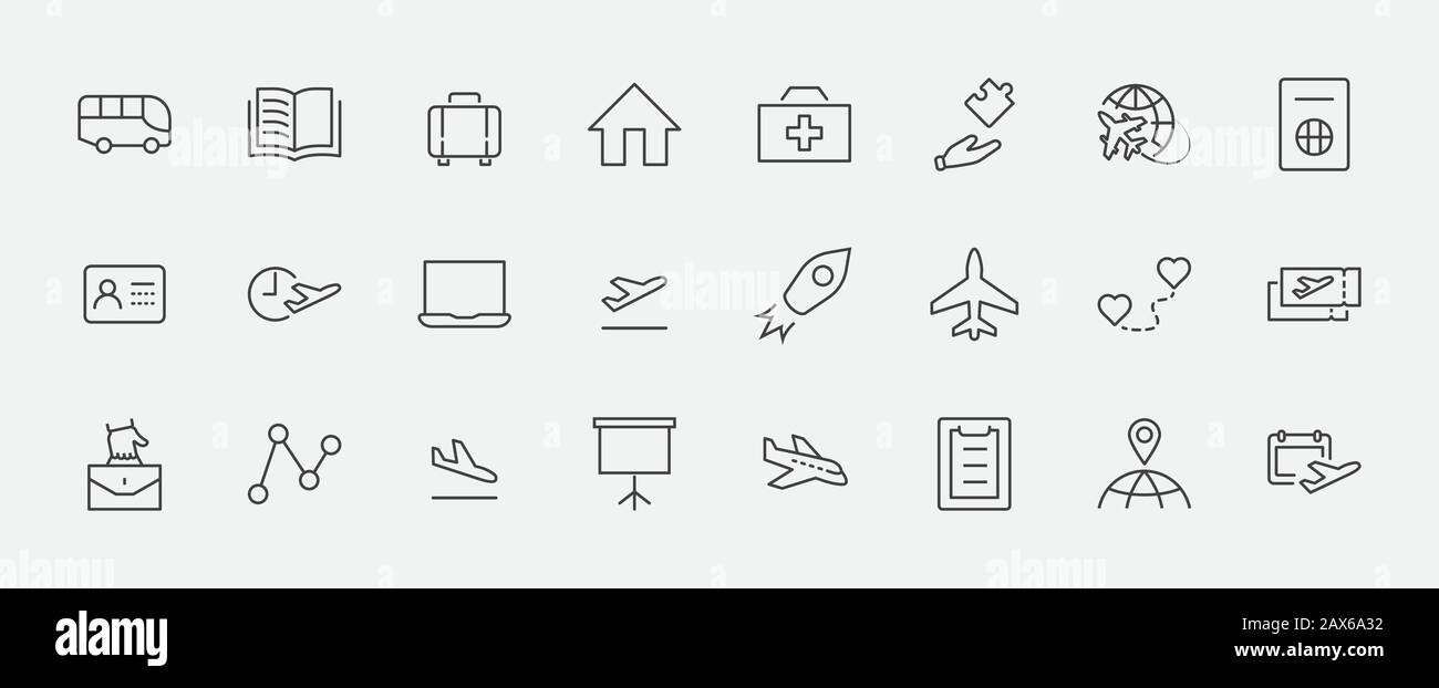 Satz von Flughafensbezogenen Vektorliniensymbolen. Enthält Symbole wie Globe, Abflug, Flugzeug, Bus, Tickets, Gepäckausgabe, Kalender, Kit und mehr. Editabl Stock Vektor
