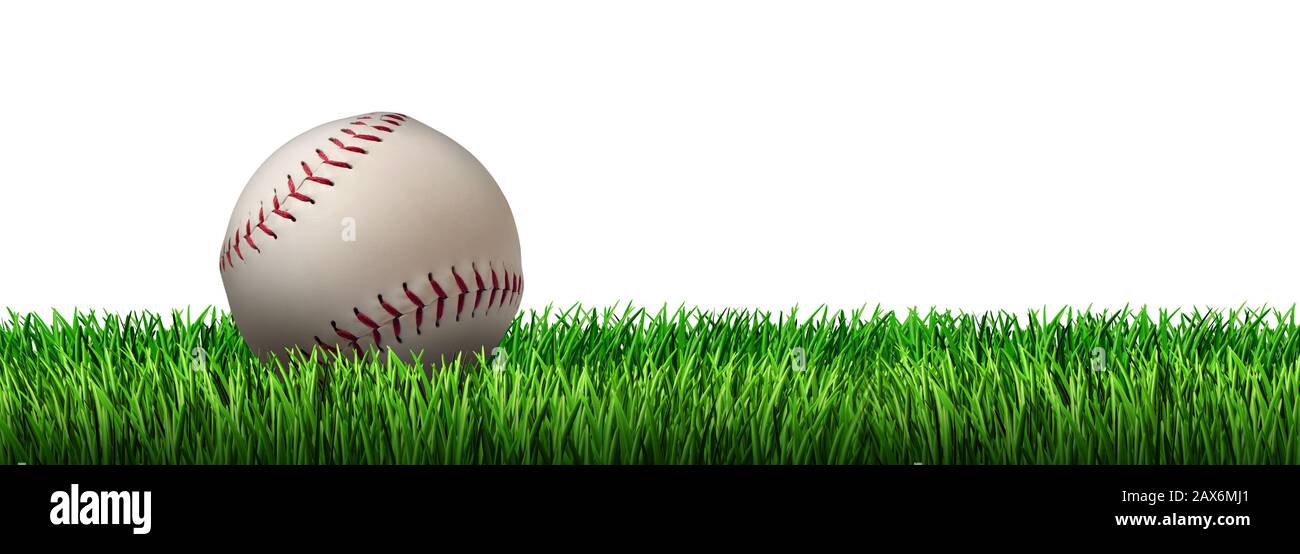 Baseball auf einem Rasenfeld isoliert auf weißem Hintergrund mit 3D-Illustrationselementen. Stockfoto