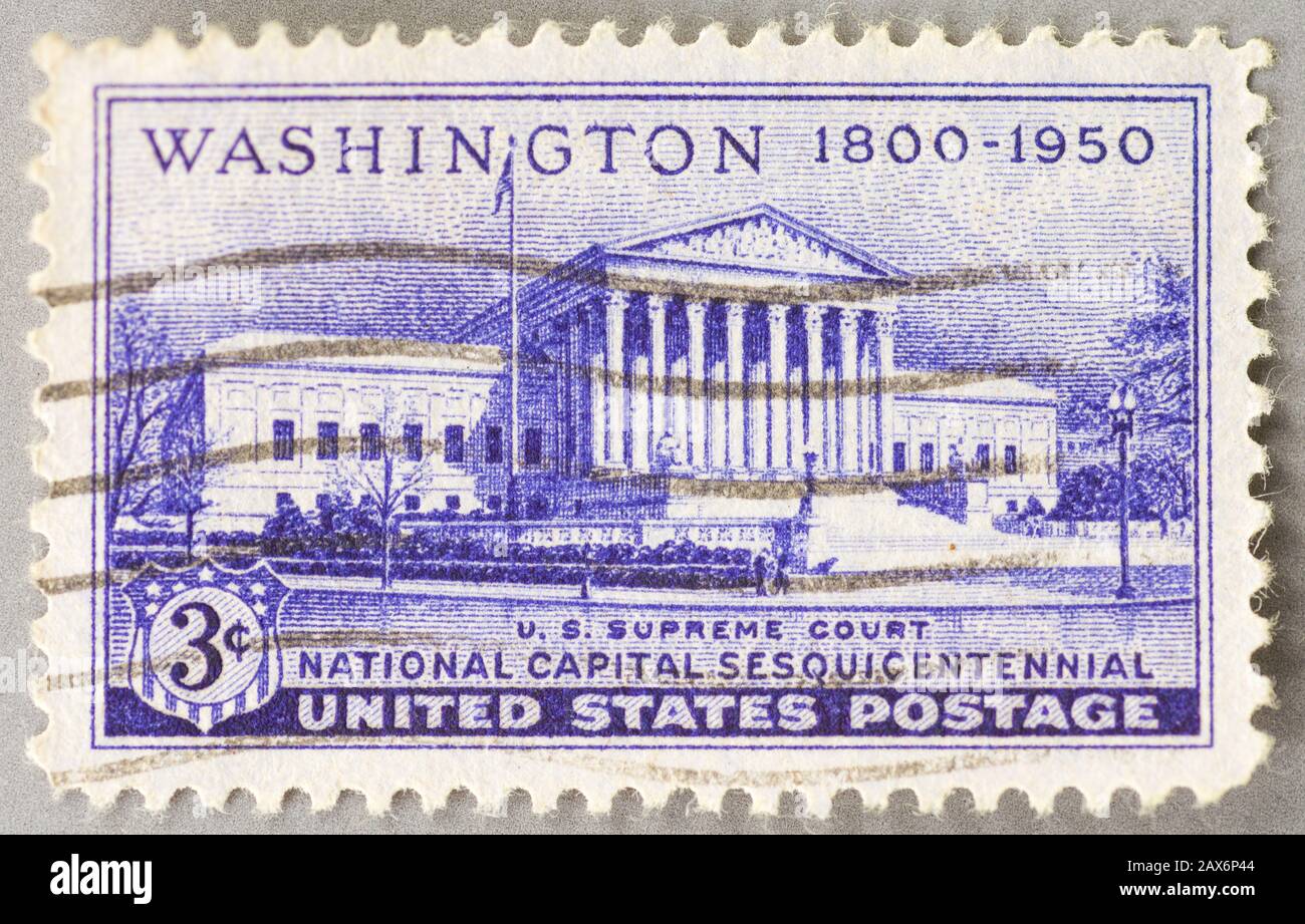 Eine US-Briefmarke aus dem Jahr 1950 zum Gedenken an 150 Jahre Washington. Bild zeigt den Obersten Gerichtshof der USA in der Hauptstadt. Stockfoto