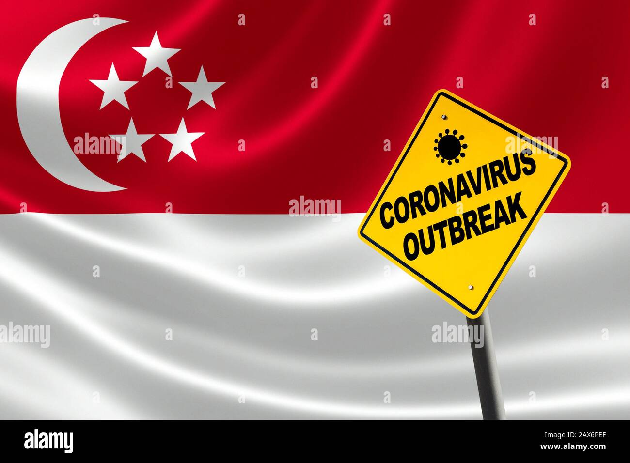 Coronavirus Ausbruch, der vor einem Hintergrund der Singapur-Flagge warnt. Singapur hat einen der höchsten Infektionsfälle außerhalb Chinas. Stockfoto
