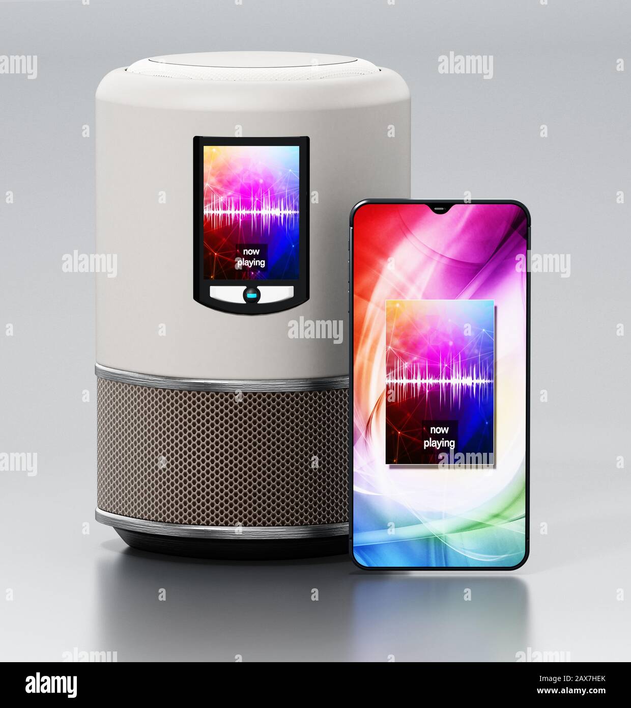 Smart Speaker mit LCD-Bildschirm und Smartphone zur Musikwiedergabe. 3D-Abbildung. Stockfoto