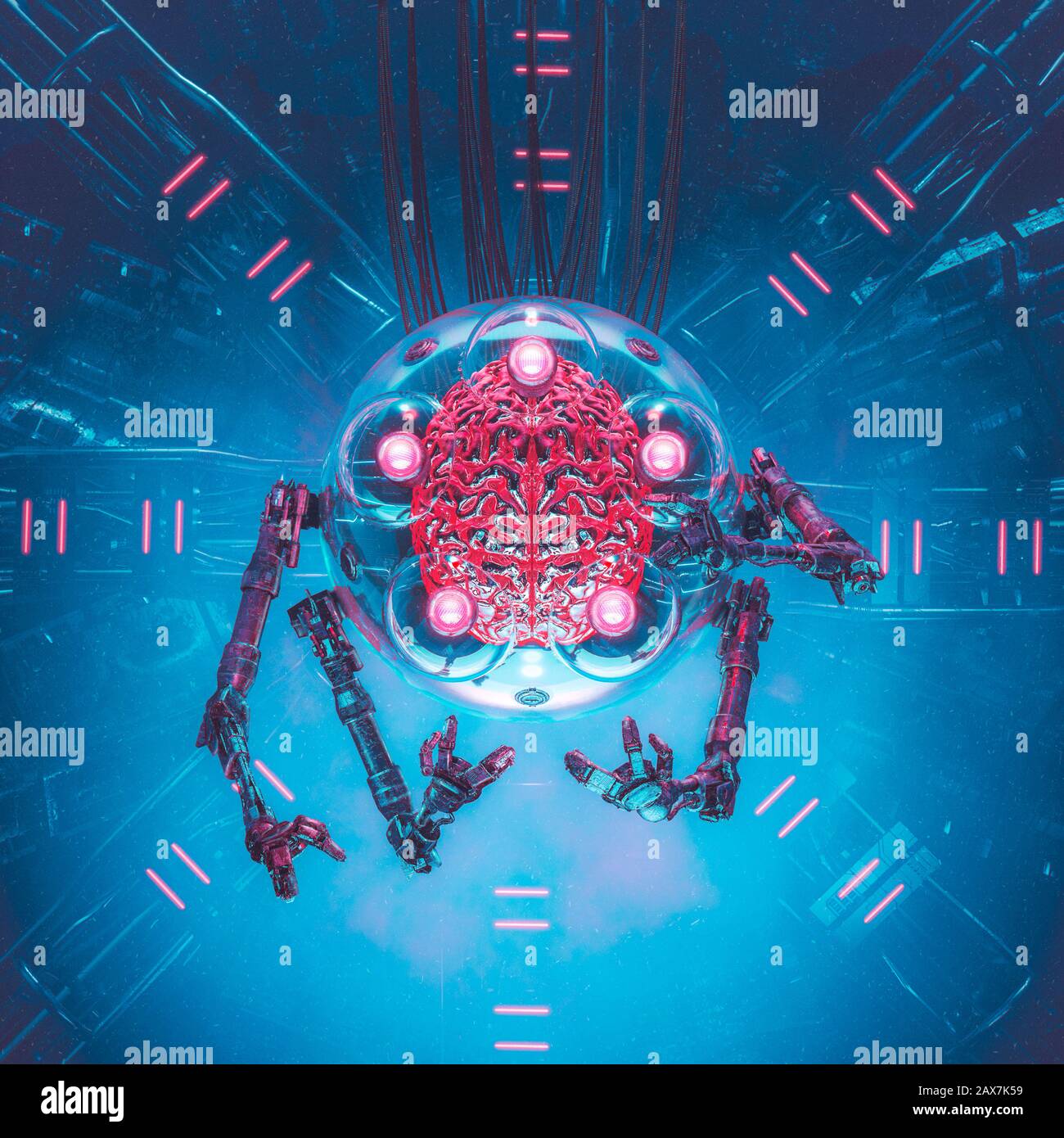 Die artikulierte Gehirn-/3D-Abbildung einer in Glas eingehüllten, in Science Fiction fremden künstlichen Intelligenz Stockfoto