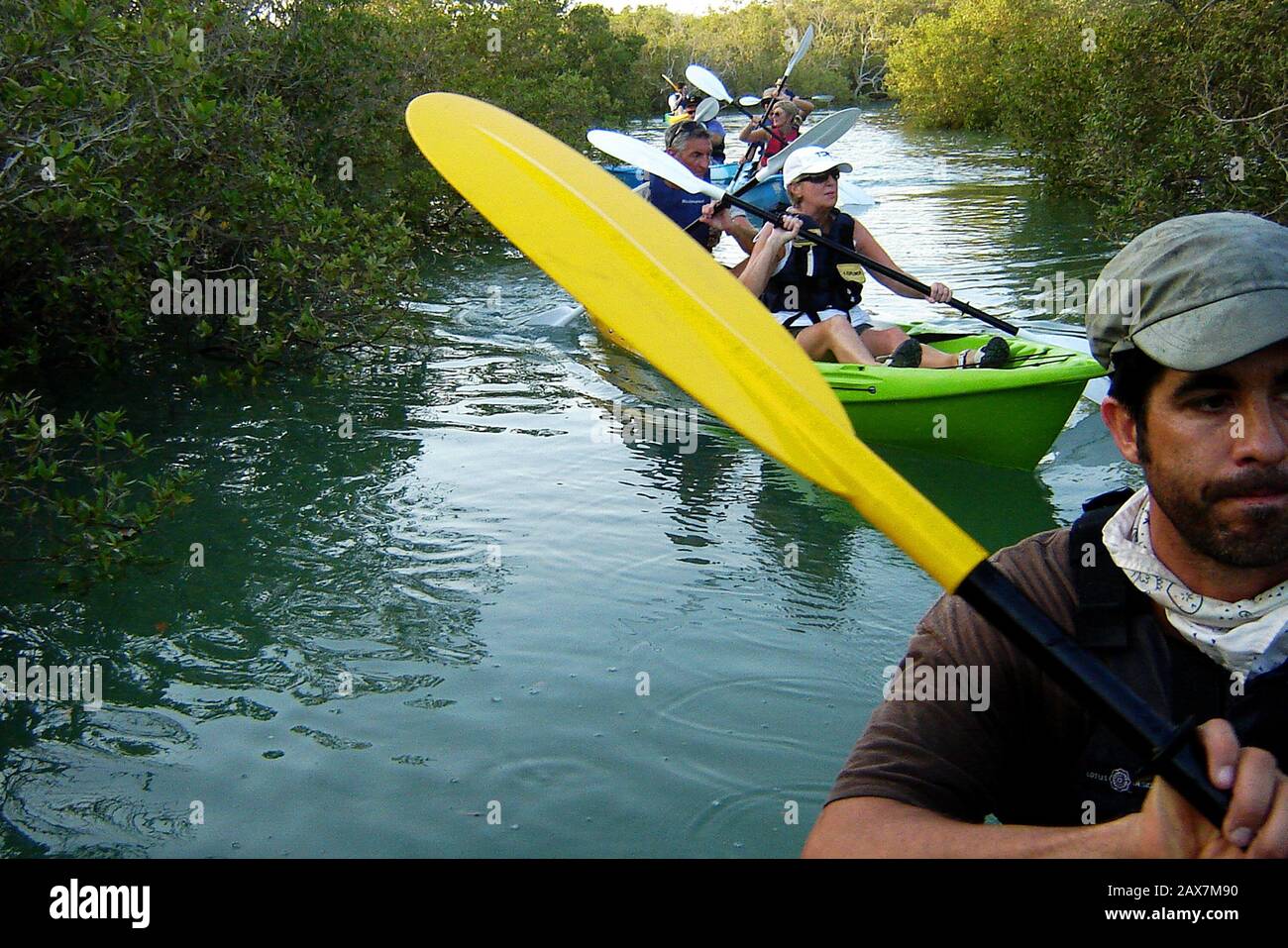 Der Reiseleiter Don Revis (vorne rechts) führt bei einer Führung durch die Abu Dhabi Mangroves in Abu Dhabi, VAE, durch ein Labyrinth aus Mangroven und Kanälen. Stockfoto