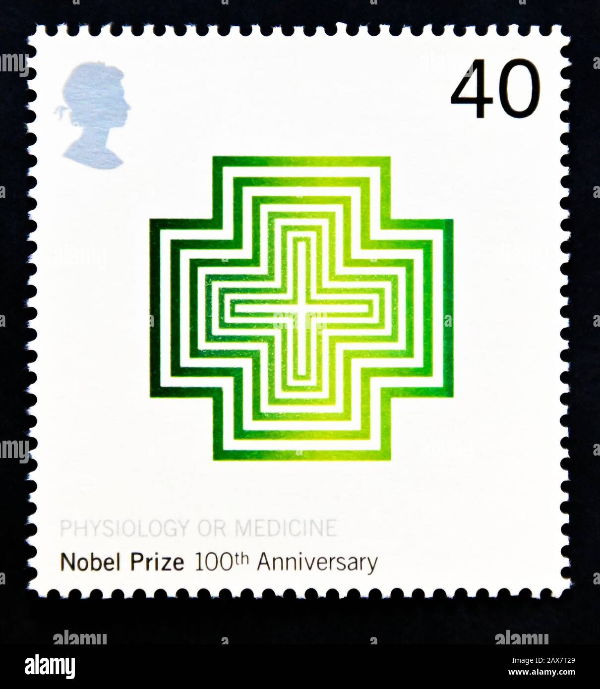 Briefmarke. Großbritannien. Königin Elizabeth II Hundertjahrfeier der Nobelpreise. Kreuze (Physiologie oder Medizin). 40S. 2001. Stockfoto