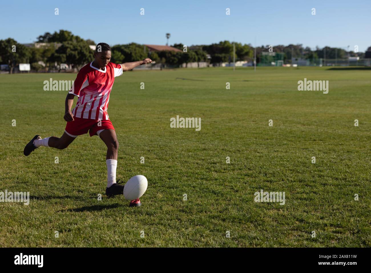 Rugbyspieler schießen in den Ball Stockfoto